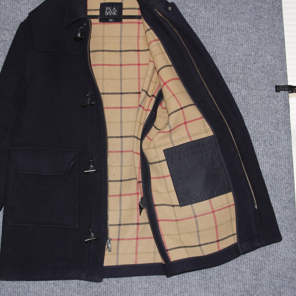 JOS A BANK Duffle Coat Mens L Navy Wool Blend Toggle Closure Pockets Lined